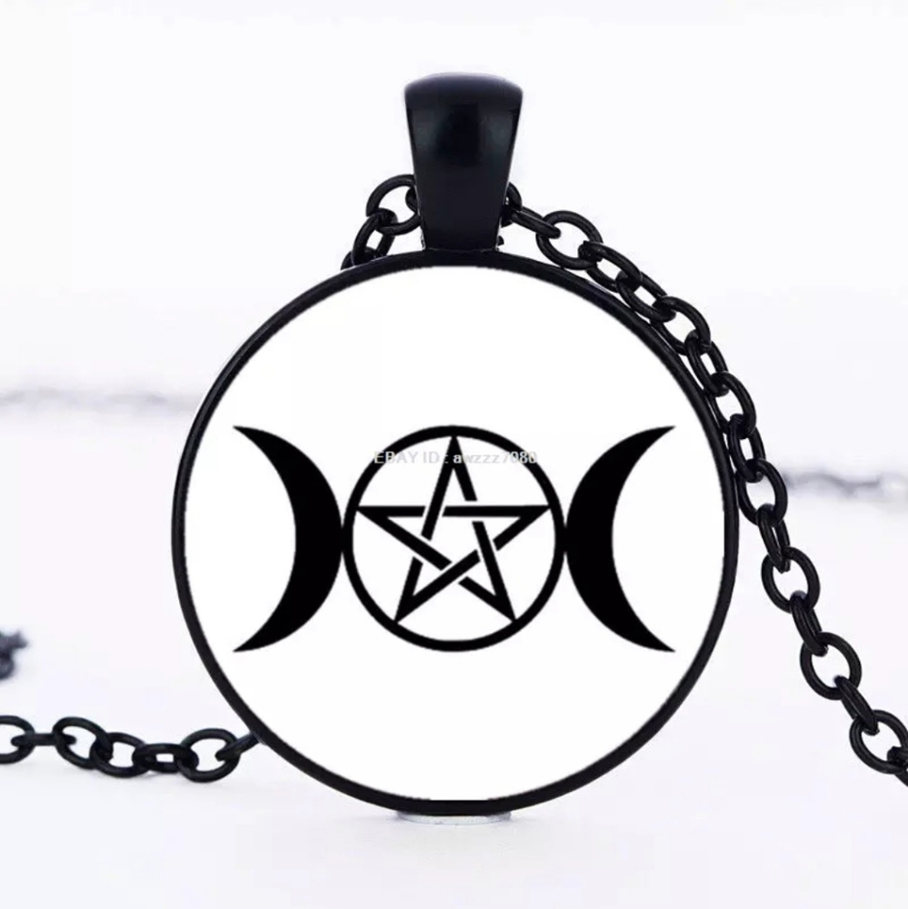 New Triple Moon Black Glass Cabochon Necklace.